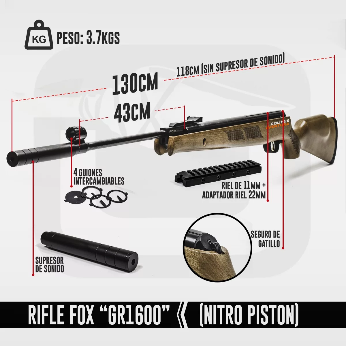 Rifle Nitro Piston Fox GR 1600 W cal 5,5mm - Colihue Aventura