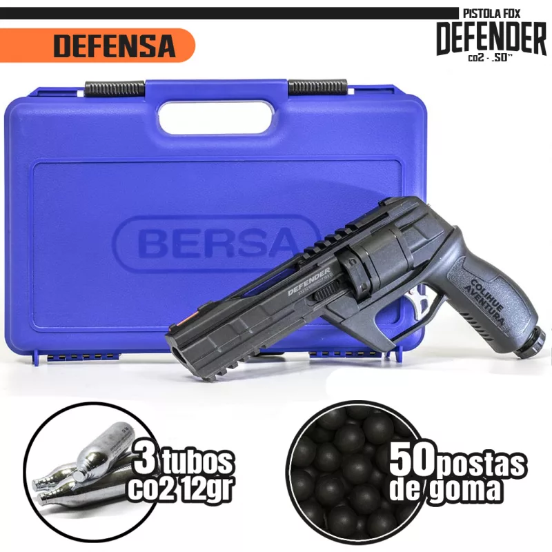 Kit Pistola Fox Co2 Defender cal .50" + Estuche + 3 Postas Co2 + 50 Postas de Goma