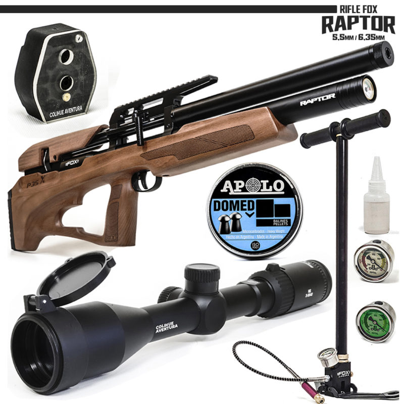 Rifle PCP Fox Raptor (5,5mm / 6,35mm) + Inflador PCP + Mira Fox MS 3-9x40