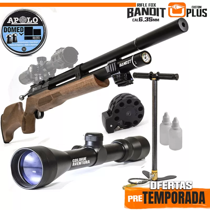Rifle PCP Fox Bandit Plus 6.35 + Mira Telescopica 3-9x40 + Inflador Mamba